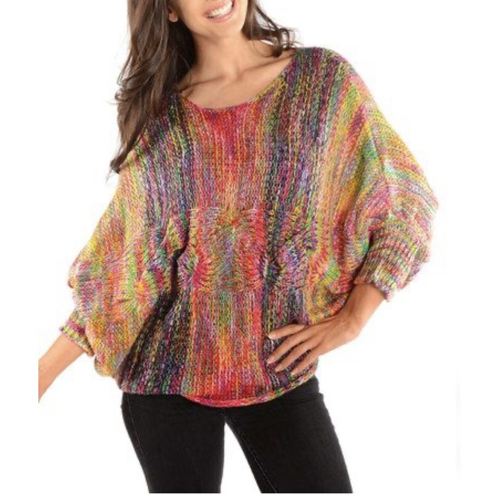 Diva Designs Rainbow Oversized Batwing Cable Knit Sweater‎ Multicolor Boho S/M